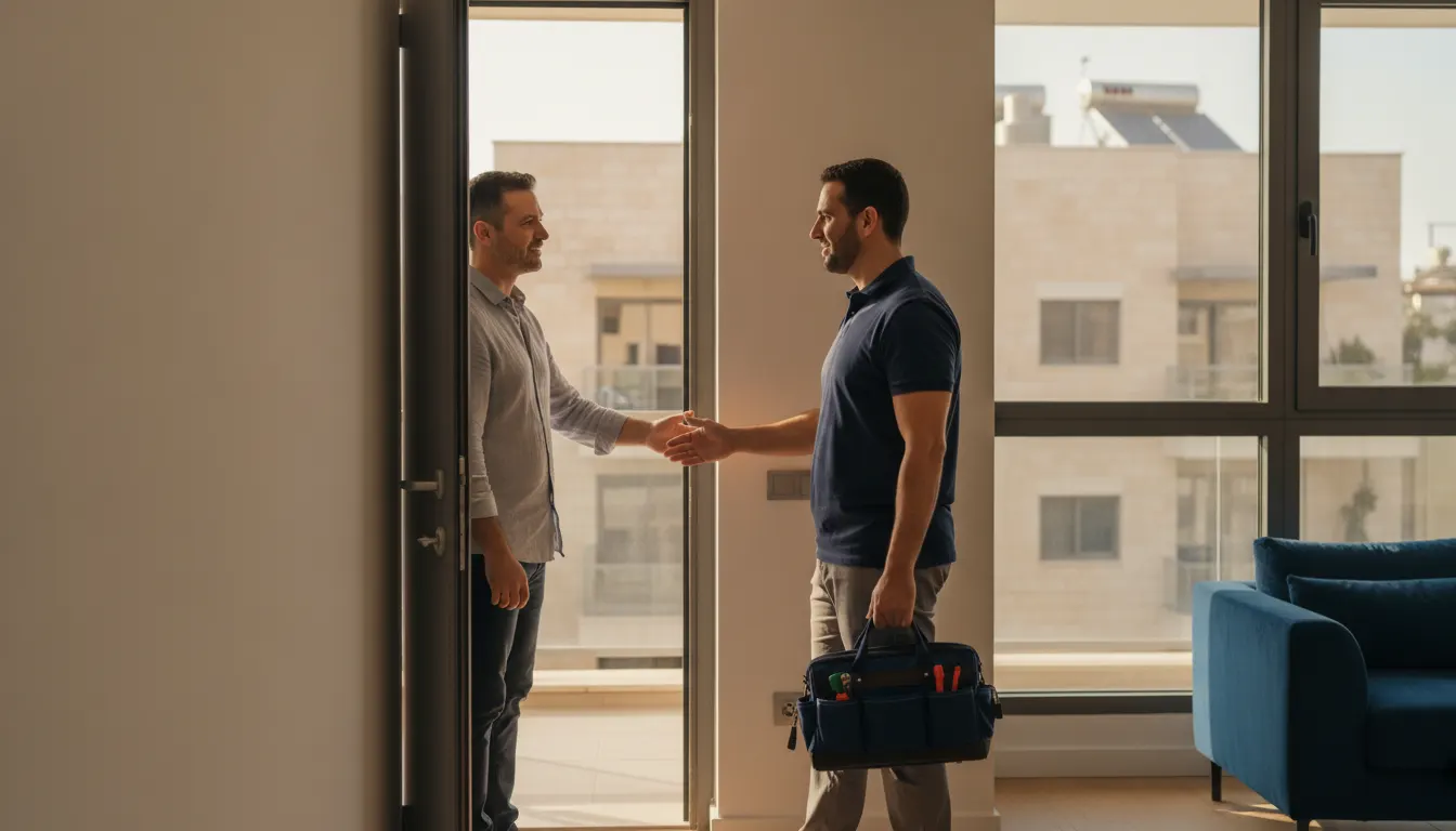 טכנאי מקצועי מתקבל בפתח דירה ישראלית מוארת באור טבעי