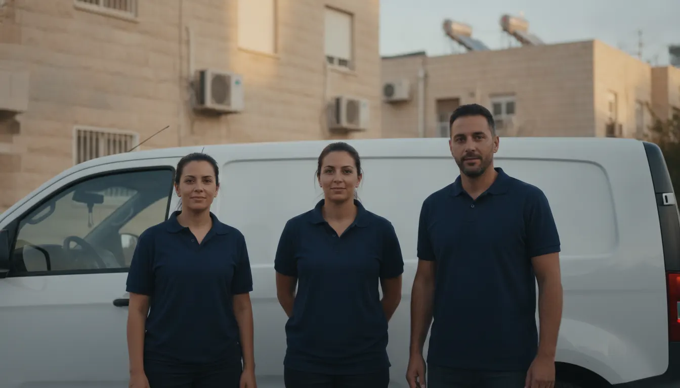 צוות בעלי מקצוע ישראלי ליד רכב עבודה לבן